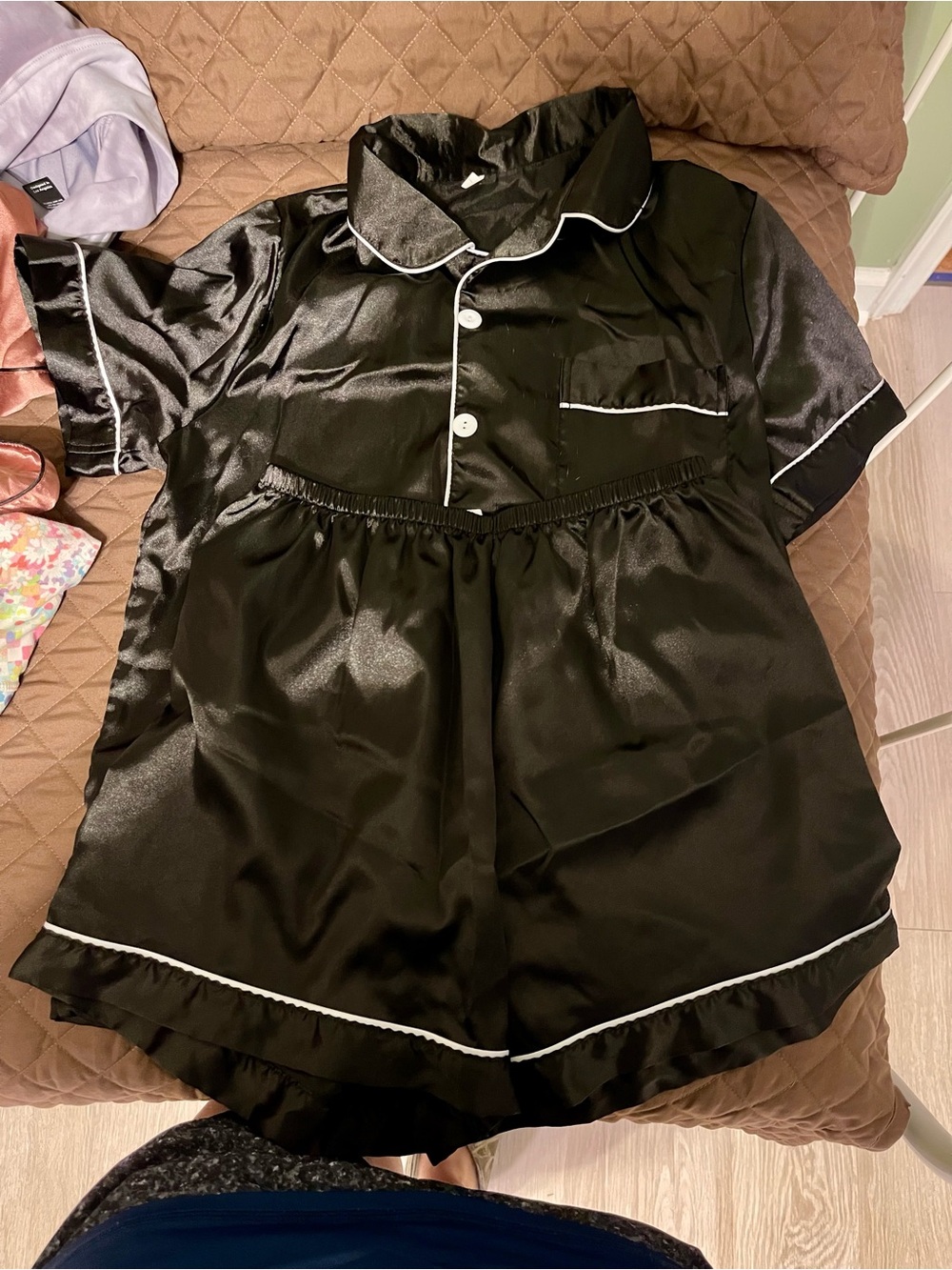 Black Satin Women’s Pajama Set with White Piping